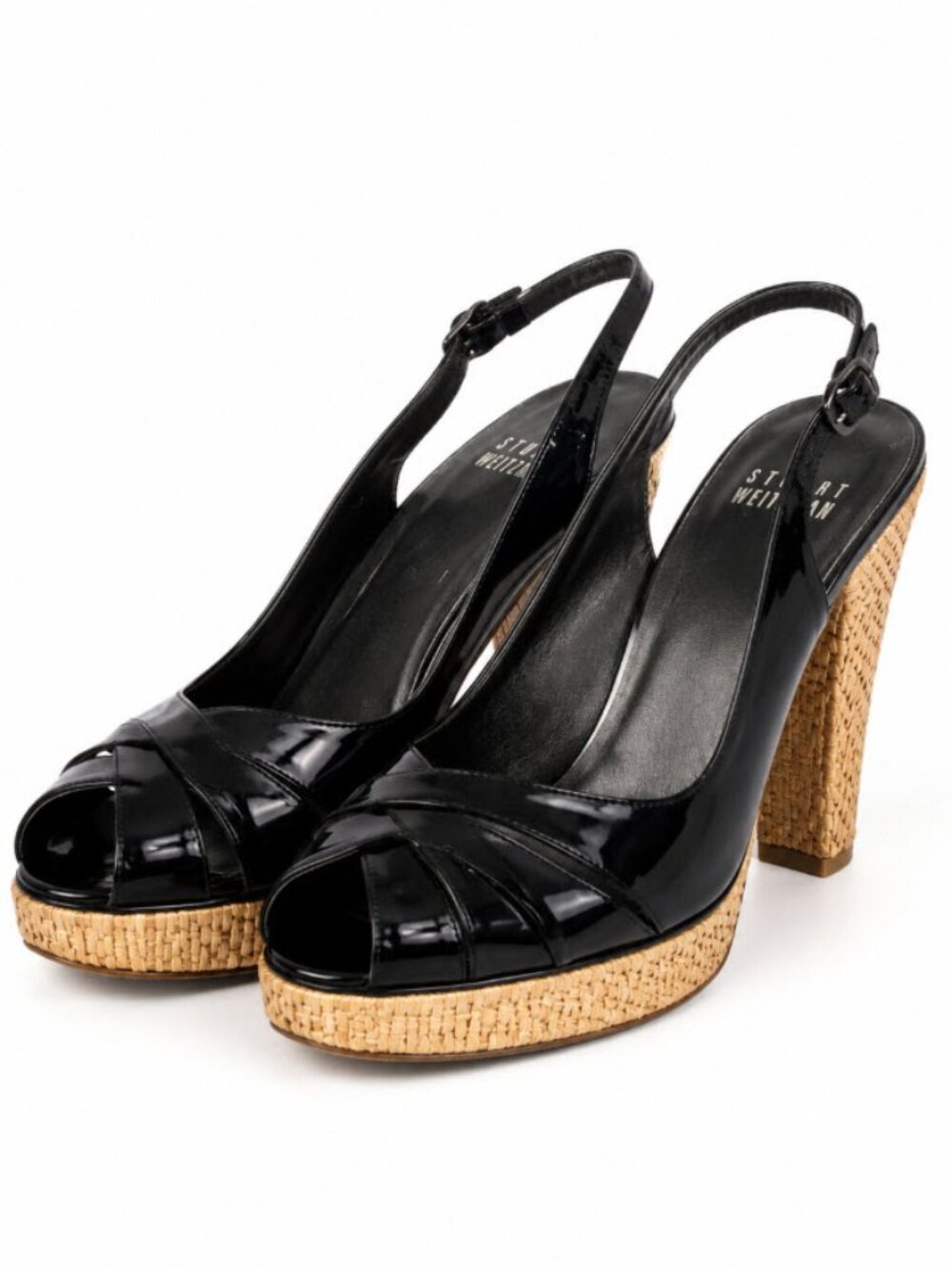 STUART Weitzman Black heels Size 7.5 patent leather peep toe